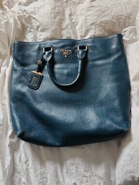 Prada Blue Teal Leather Double Handle Tote Bag